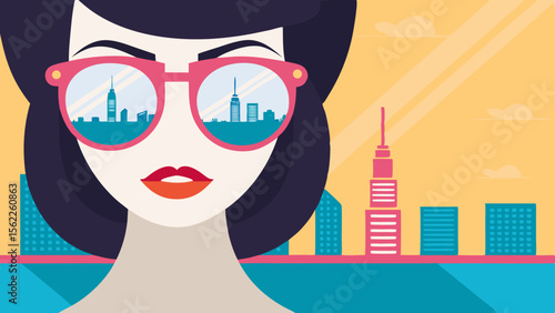 Woman in sunglasses with city reflection vector art illustration