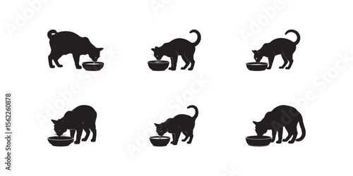 Silhouetted Cats Drinking Water Displayed in a Group of Six Images Against a White Background Showcasing Feline Hydration