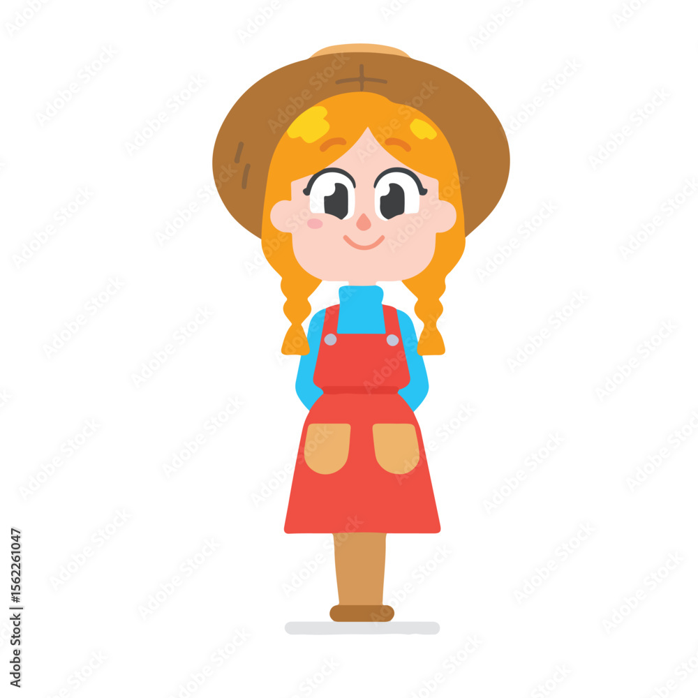 Cartoon Girl with Braids and Hat Smiling on White Cartoon Girl with Braids and Hat Smiling on White