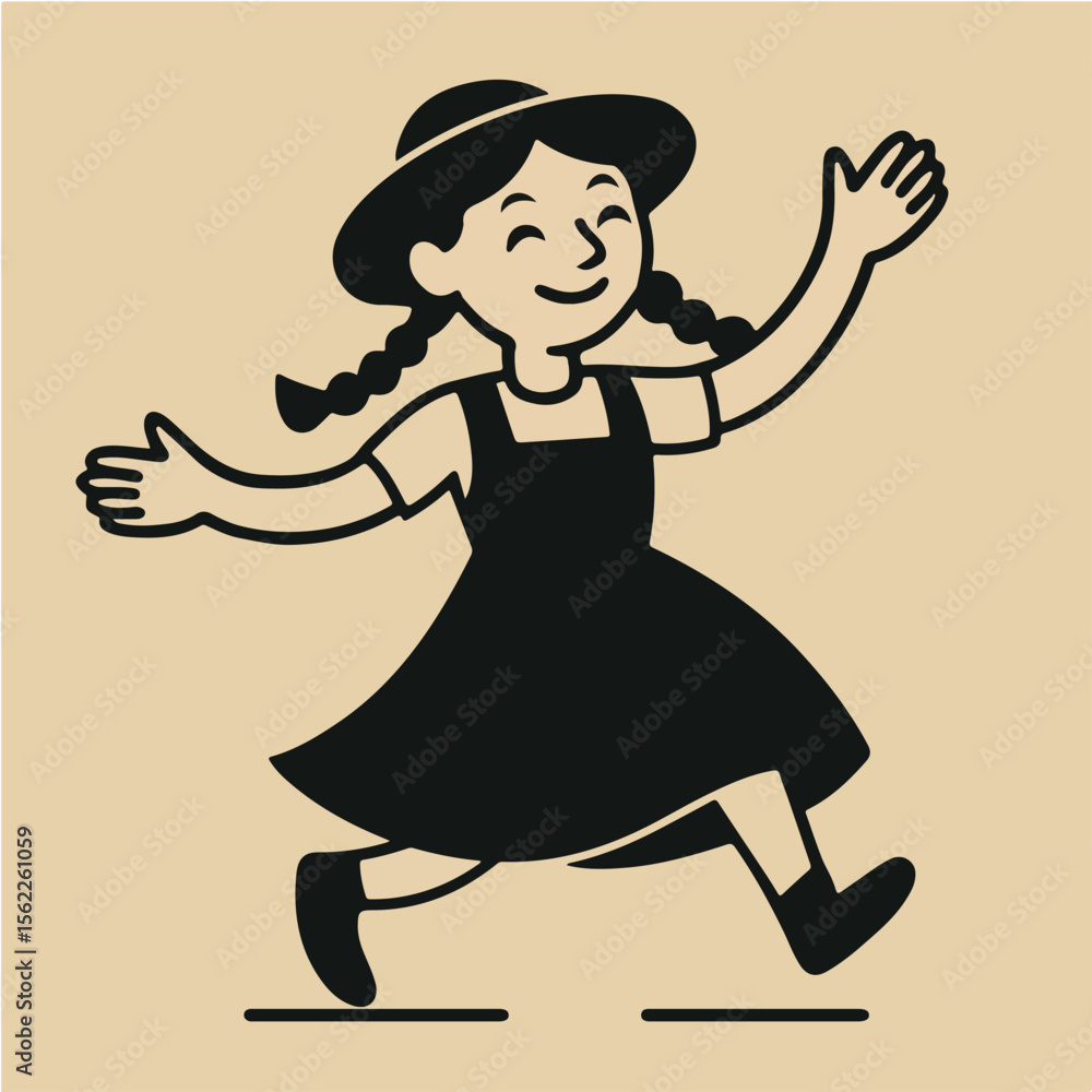 Obraz premium Happy Girl Running with Arms Open, Cartoon Vector Illustration