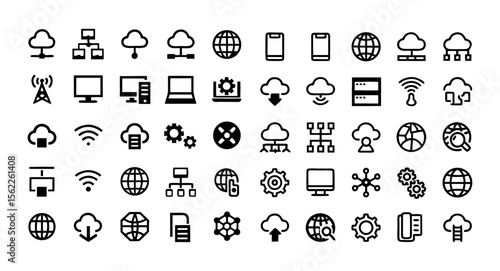 Information Technology Outline Icon Set – Editable Stroke Vector Icons of IT Network, Data, Internet, Website, Cloud Computing, Servers, Devices, and More – Line Style Tech and Digital Infrastructure 