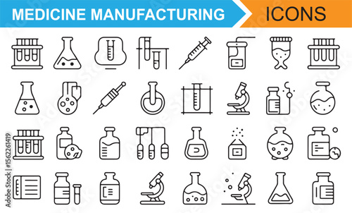 Set of medical and pharmaceutical manufacturing icons including syringes, test tubes, microscopes, and chemical flasks, vector illustrations for drug production