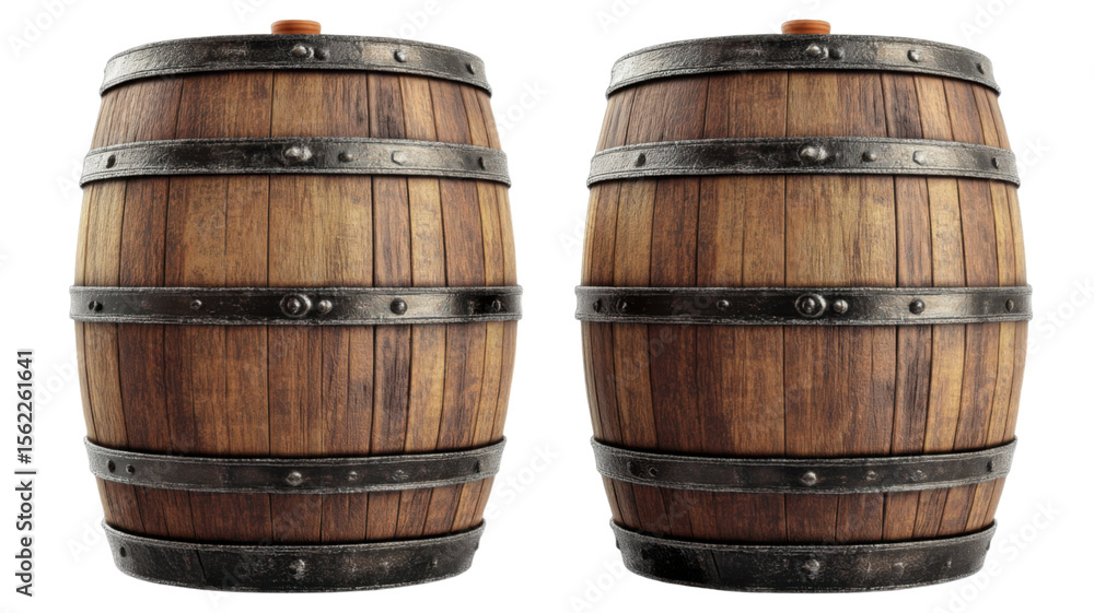 Obraz premium Single vintage wooden barrel with metal rings isolated on white background 