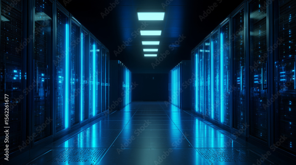 Fototapeta premium Secure Server Room with Blue LED Network Equipment