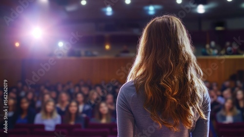 Woman speaking in a high school auditorium, inspiring young students, generative ai