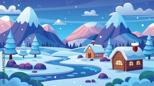 Charming Winter Landscape with SnowCovered Cabins, River, Pine Trees, and Mountains Illustration
