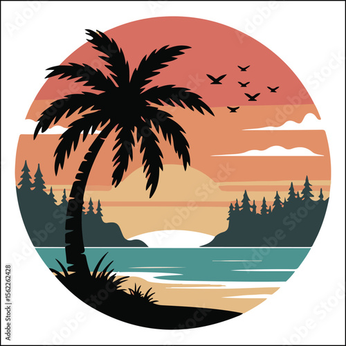 Retro Tropical Island Landscape with Palm Tree Sunset and Birds