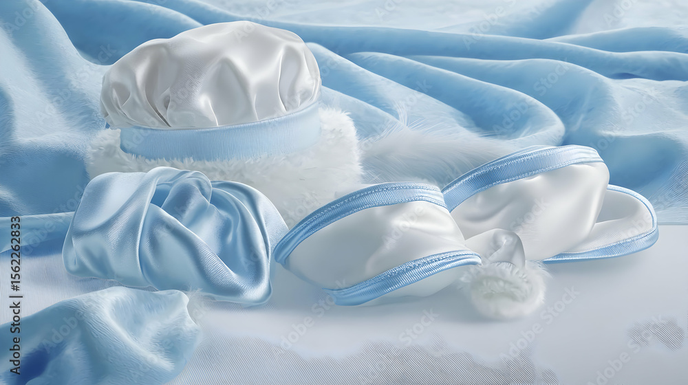 Obraz premium Delicate baby accessories, light blue and cream colors, silk and fur. Soft, stylish baby hats and booties. Luxurious materials and textures
