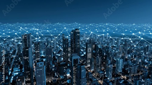 Wallpaper Mural A panoramic view of a futuristic city skyline illuminated by blue lights and network connections at night. Torontodigital.ca