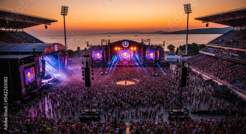 Massive Crowd at Outdoor Music Festival Illuminated Stage Sunset Sky.
