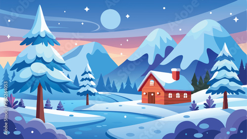 Cartoon Illustration of Snowy Mountain Landscape with Log Cabin and Frozen River