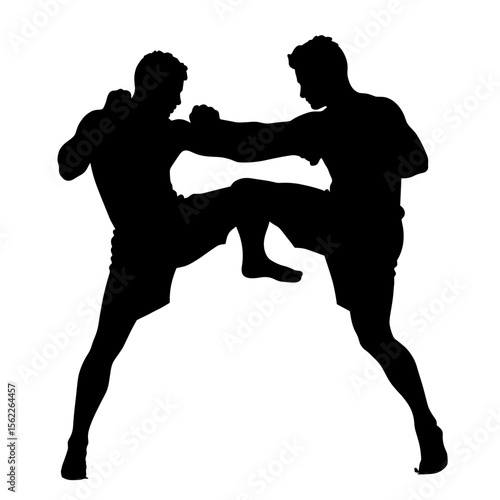Two fighters engaging in a silhouette kickboxing match without background  