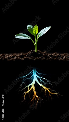 Growing plant with illuminated roots depicting growth and life concept