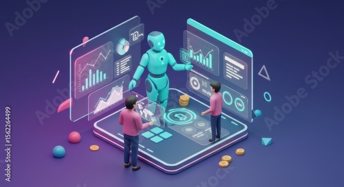 Wallpaper Mural AI Integration: A sleek visualization of artificial intelligence integrated into a digital interface, surrounded by human figures analyzing data and interacting with the AI. Torontodigital.ca