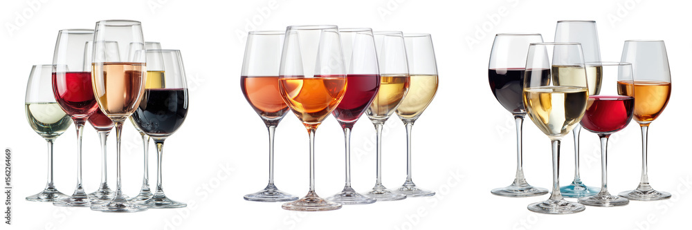 Set of elegant wine glasses showcasing a variety of wines isolated on a transparent background Set of elegant wine glasses showcasing a variety of wines isolated on a transparent background