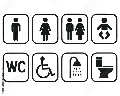  Collection of universal restroom and facility icons including male female unisex accessible baby changing shower and toilet symbols