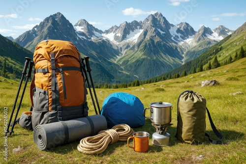 Orange backpack trekking poles sleeping pad rope camping stove mug blue tent and green stuff sack on grassy mountain slope with snow capped peaks