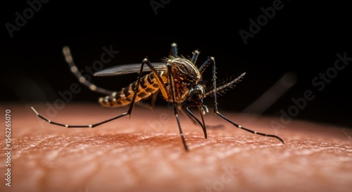 Wallpaper Mural Mosquito on Human Skin: A mosquito lands on human skin in striking detail, showcasing its intricate pattern and fragile form against a dark backdrop, evoking a sense of caution and awareness. Torontodigital.ca