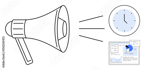 Megaphone emitting sound towards clock and analytical data, symbolizing timely communication and strategy. Ideal for marketing, business planning, promotion, time management, data analysis
