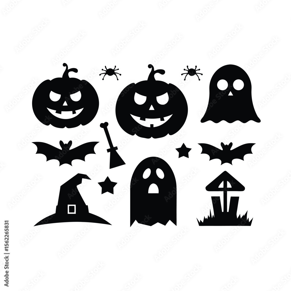 Obraz premium Vector haunted house black and white illustration set. halloween silhouette elements of spooky cottage, big moon, ghost, bats, trees. scary samhain party invitation or card design. Premium Vector 