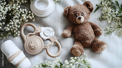 Baby accessories laid on a light beige cloth, featuring a teddy bear, bottle parts, and flowers