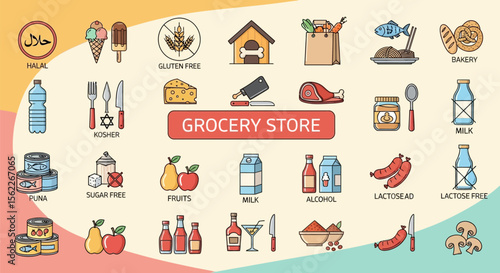 Grocery store products halal kosher gluten free lactose free illustration