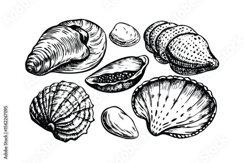 Raw Shellfish Vector Engraving Set. Detailed Monochrome Seafood Illustrations of Mussels, Clams, and Scallops. Vintage Engraving Style Icons & Symbols