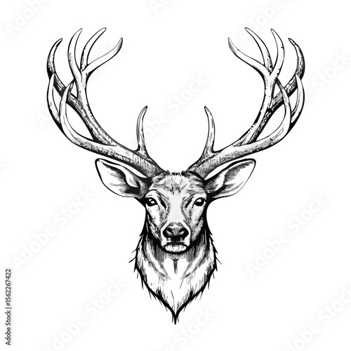Detailed Deer Head with Antlers Vector – Elegant Wild Stag Animal Line Art | Rustic Forest Wildlife Tattoo Clipart for Nature and Outdoor Designs

