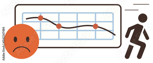 Downward-sloping line graph on grid, sad face expressing disappointment, person running away. Ideal for business failure, loss, decline, negative growth, setback, challenge simple flat metaphor
