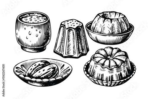 Jelly & Pudding Desserts Vector Engraving Set. Detailed Monochrome Illustrations of Sweet Treats. Vintage Stipple & Hatching Style Icons & Symbols