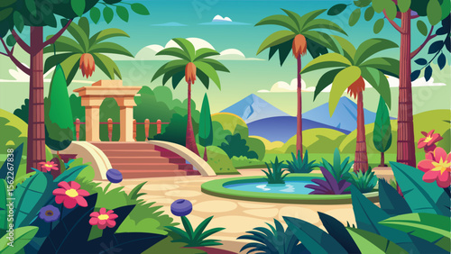 Cartoon Tropical Garden Scene with Stone Structure, Pond, Mountains and Palm Trees