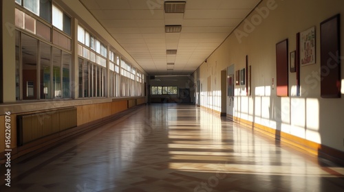 Empty school hallway bathed in sunlight