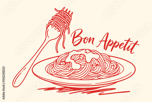 plate of spaghetti pasta retro hand-drawn sketch