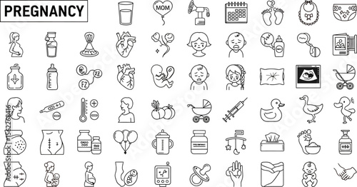 Pregnancy and baby vector icons set pregnancy stages and newborn care items