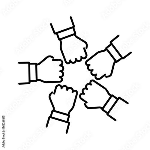 Line art group with hands together. hands team making fist bump circle gesture, unity group symbol, collaboration, support, unity, partnership, teamwork.