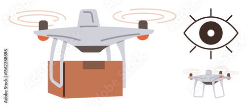 Flying drone carrying a parcel and surveillance eye highlighting innovation, delivery, and security. Ideal for logistics, technology, surveillance, automation, e-commerce, aerial transport