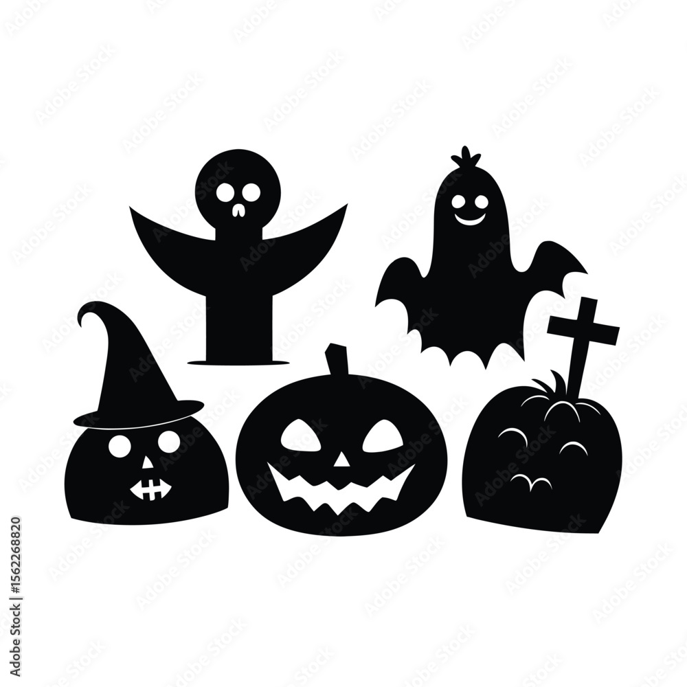 Obraz premium Vector haunted house black and white illustration set. halloween silhouette elements of spooky cottage, big moon, ghost, bats, trees. scary samhain party invitation or card design. Premium Vector 