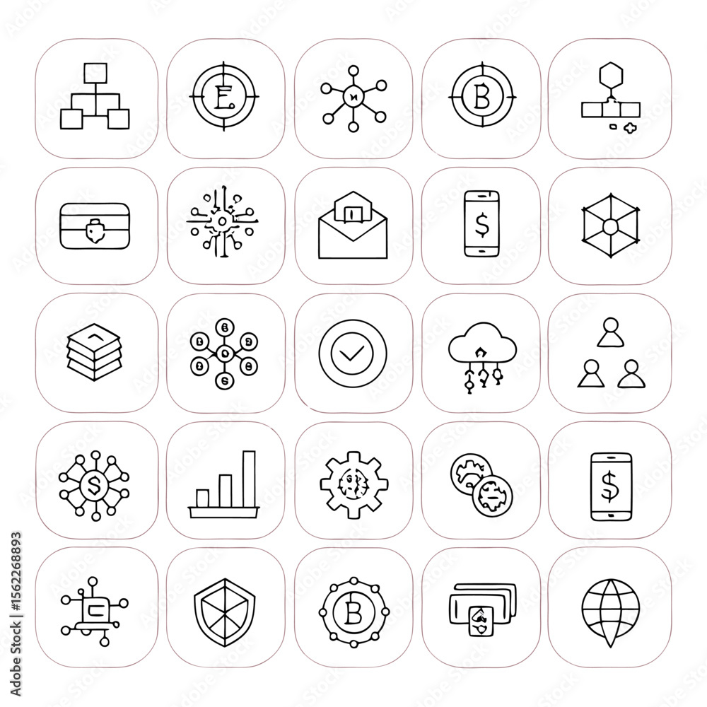 A collection of outline icons representing various concepts such as finance, technology, and networking A collection of outline icons representing various concepts such as finance, technology, and networking