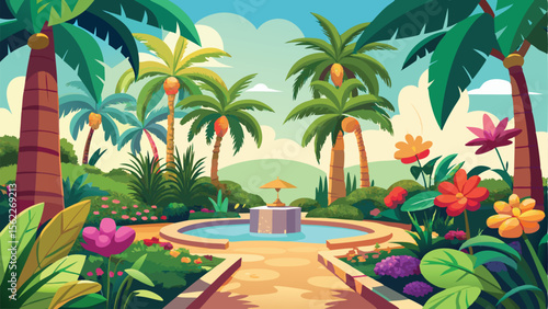 Cartoon Palm Tree Oasis with Flowers and Fountain Under Sunny Skies Graphic