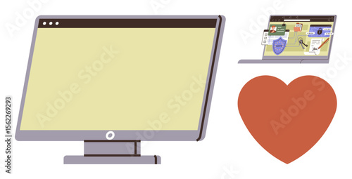 Desktop monitor with a blank screen, open laptop displaying security dashboard, and large heart. Ideal for technology, cybersecurity, online love, digital wellness, healthcare, communication