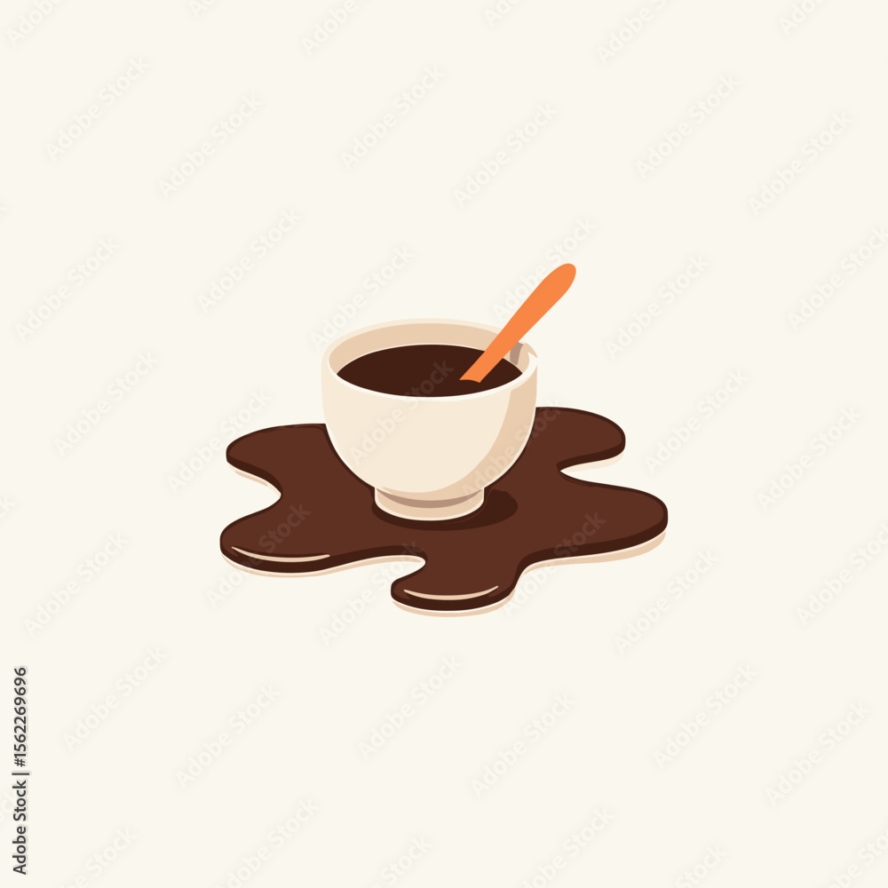 Obraz premium Bowl of chocolate sauce with spoon and spilled mess on surface 