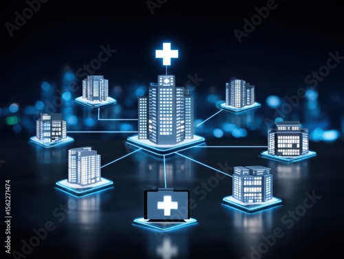 Digital Healthcare Network Concept with Buildings and Medical Symbols in a Connected City Landscape