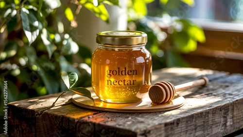 A product photography shot of a glass jar of honey on a wooden surface against a natural garden backdrop