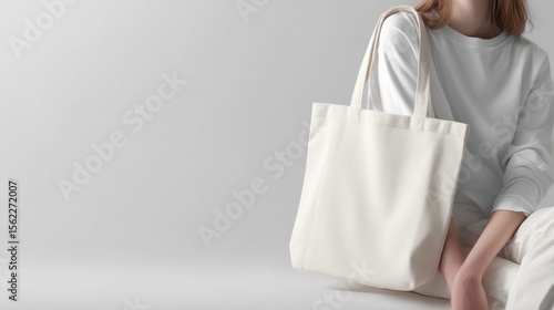 The stylish white tote bag held by a woman against a minimal background.