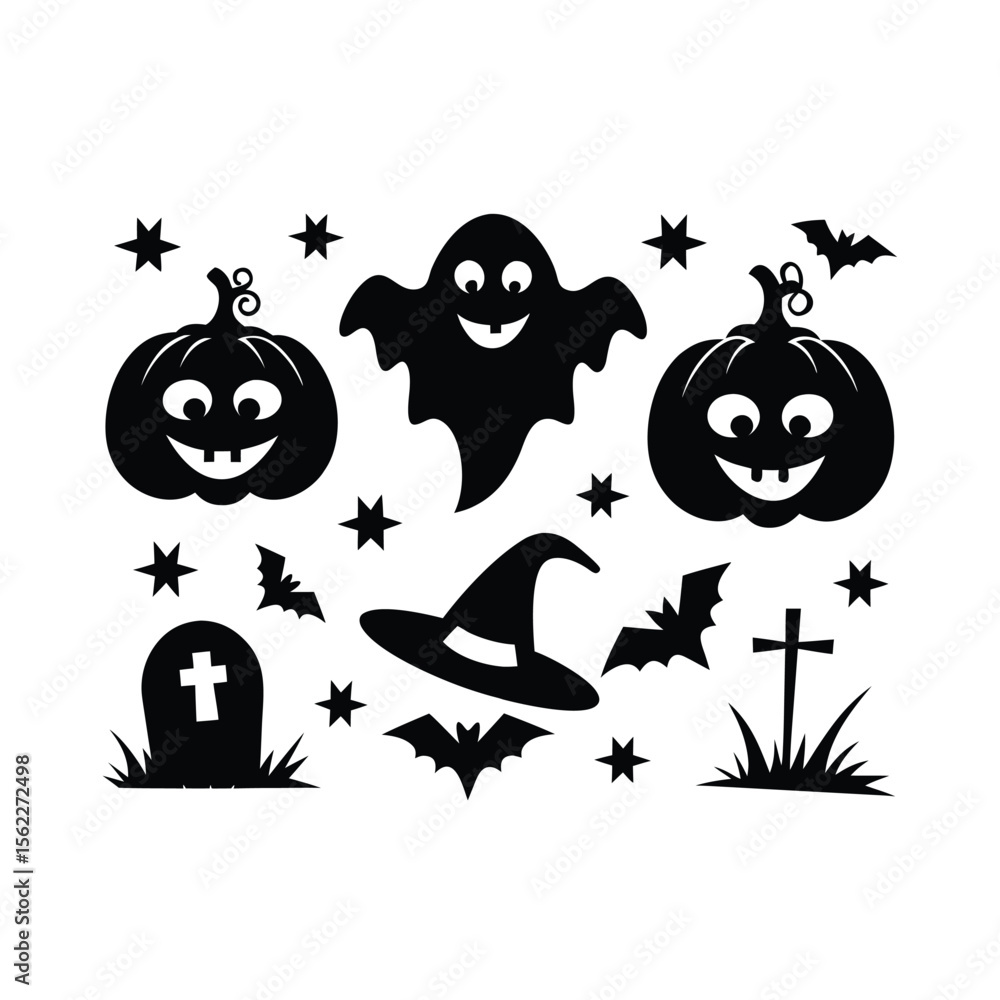 Obraz premium Vector haunted house black and white illustration set. halloween silhouette elements of spooky cottage, big moon, ghost, bats, trees. scary samhain party invitation or card design. Premium Vector 