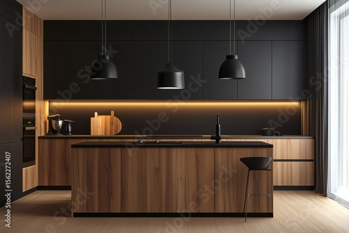 Modern kitchen with sleek black cabinets, wood accents, and elegant pendant lighting over a central island.