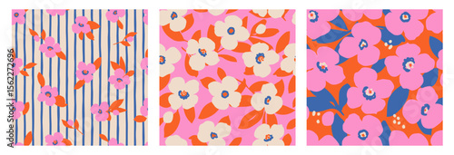 Set of hand drawn flowers, seamless patterns with floral for fabric, textiles, clothing, packaging, covers, posters, banners, wallpaper, interior decor, natural backgrounds.