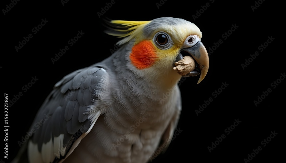 Fototapeta premium Cockatiel Bird Holding Nut in Beak Against Dark Background Portrait