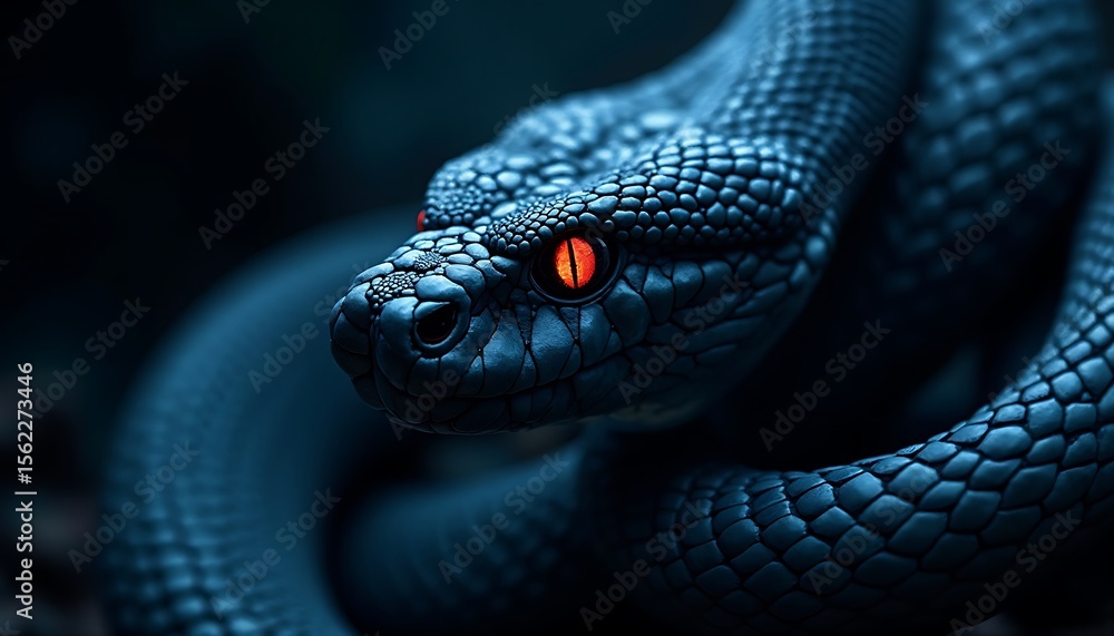 Fototapeta premium Close-up of Coiled Snake with Intense Red Eyes on Dark Background