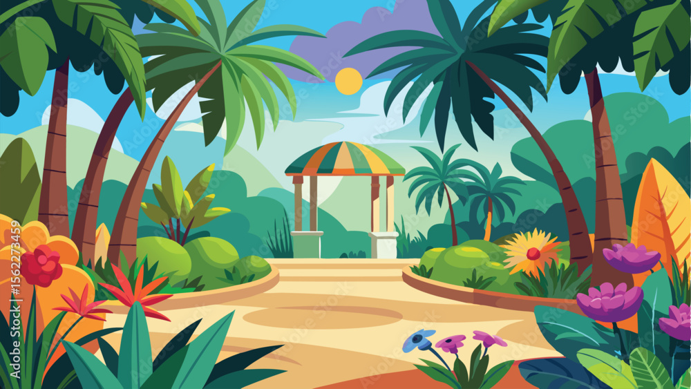 Fototapeta premium Cartoon Tropical Landscape with Palm Trees, Flowers, and a Gazebo on a Sunny Day
